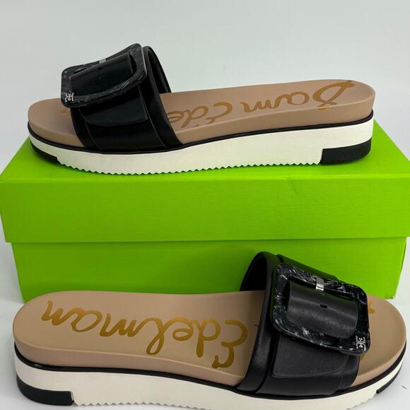 NEW Sam Edelman Platform Buckle Slides Sandals Size 9.5 Black Leather Flats - Picture 3 of 8